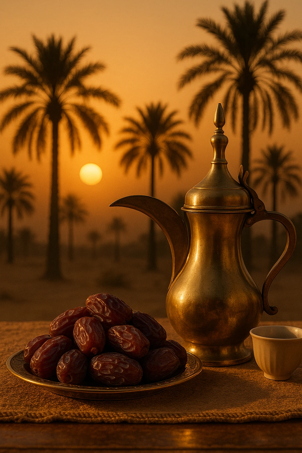 Medjool dates with coffee at the back sunset with palm trees