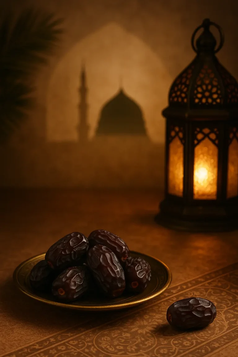 Ajwa dates in a brass bowl with lantern