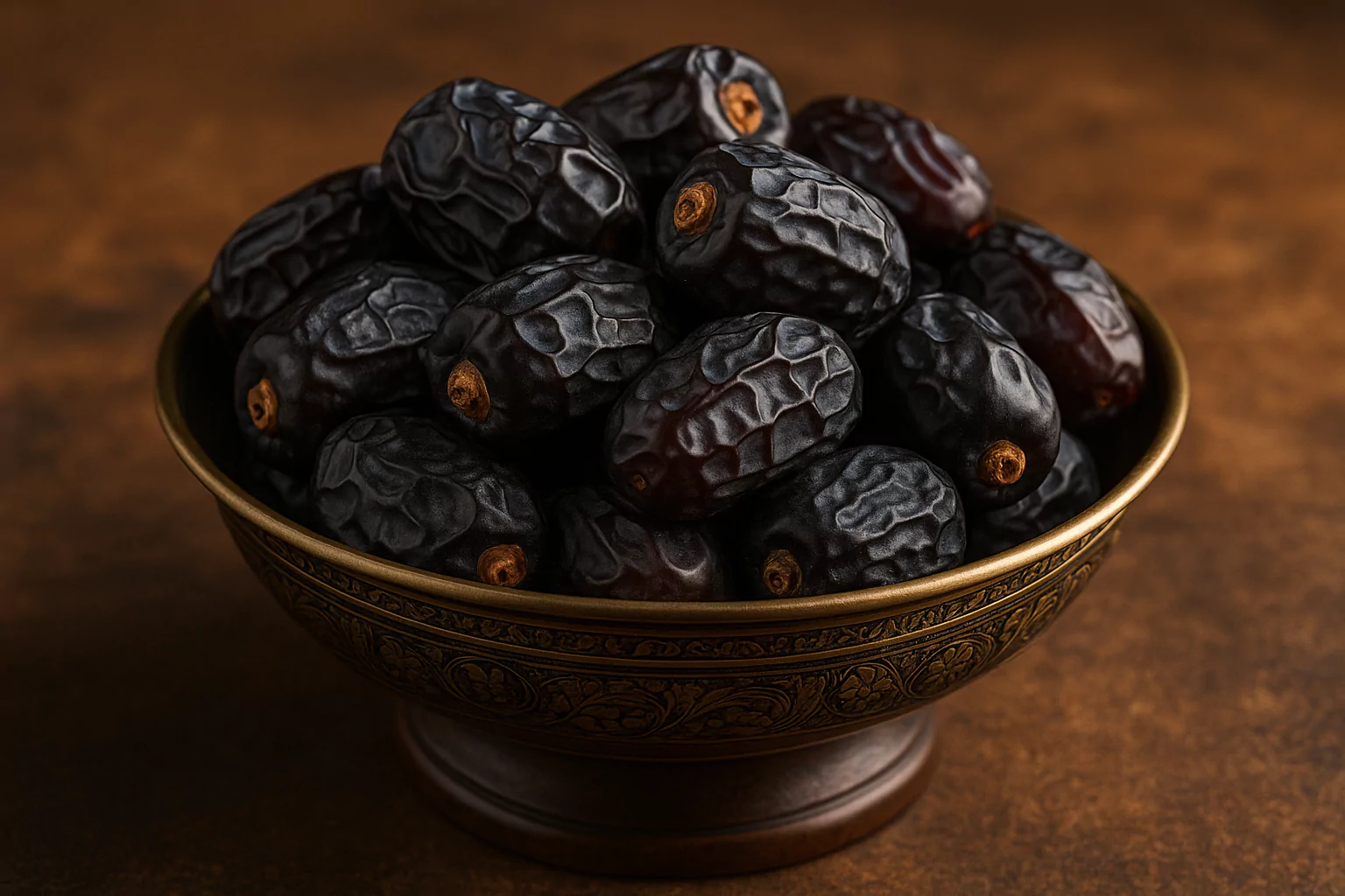 Ajwa dates in a brass bowl