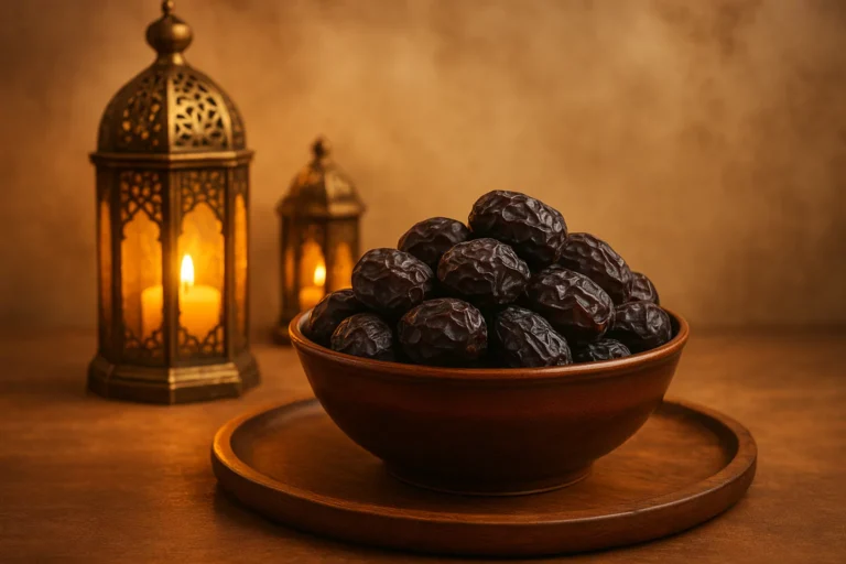 Ajwa dates in a bowl, lantern in the background, with Arabic culture