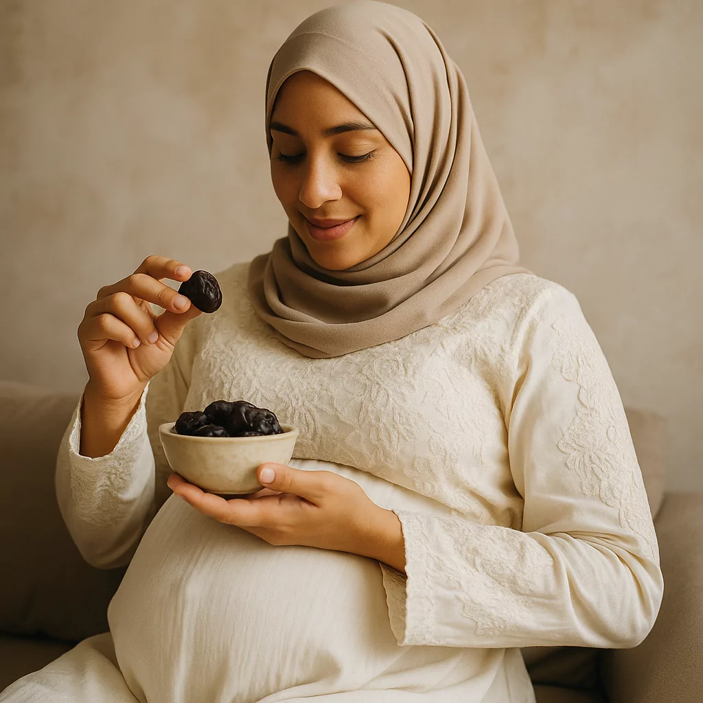 A pregnant lady is eating Ajwa Dates