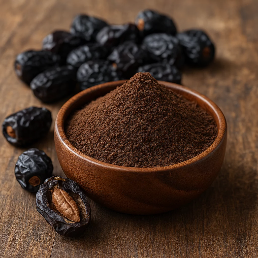 Ajwa Dates seed powder in a bowl with dates