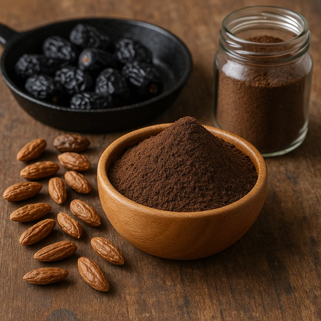 Ajwa seed powder in a bowl with ajwa dates