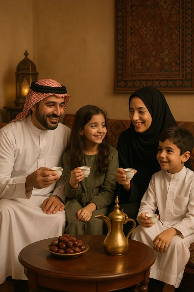 Arabic family gathering enjoying date seed coffee with dates