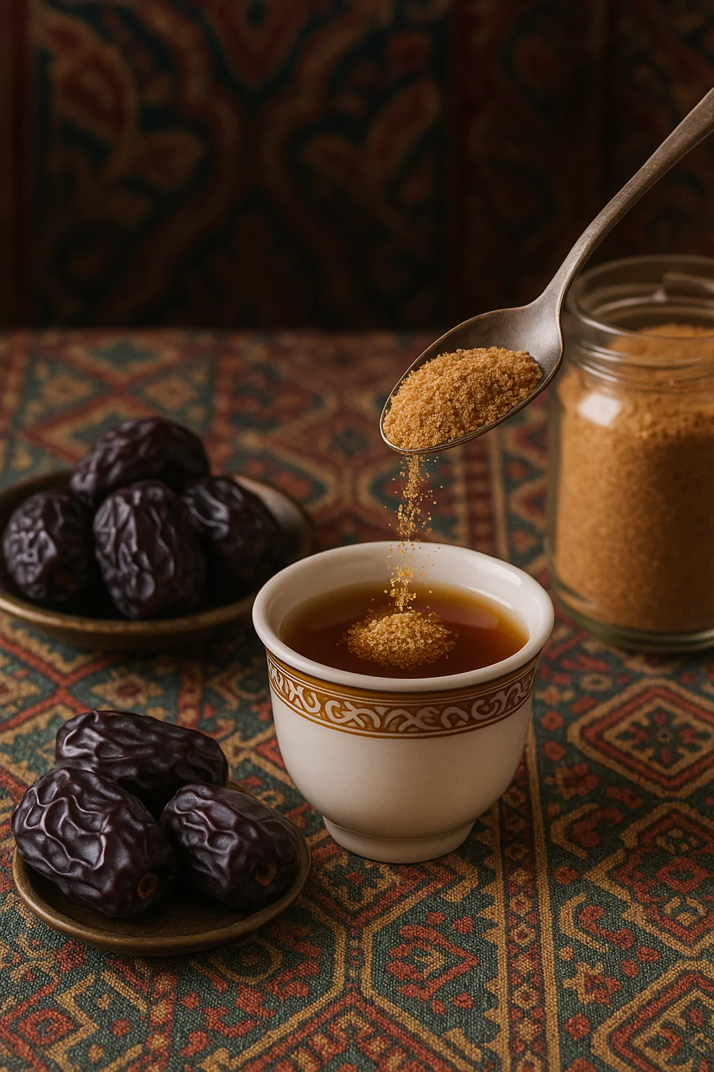 Date sugar pouring into a cup of tea with dates and date sugar in a pot