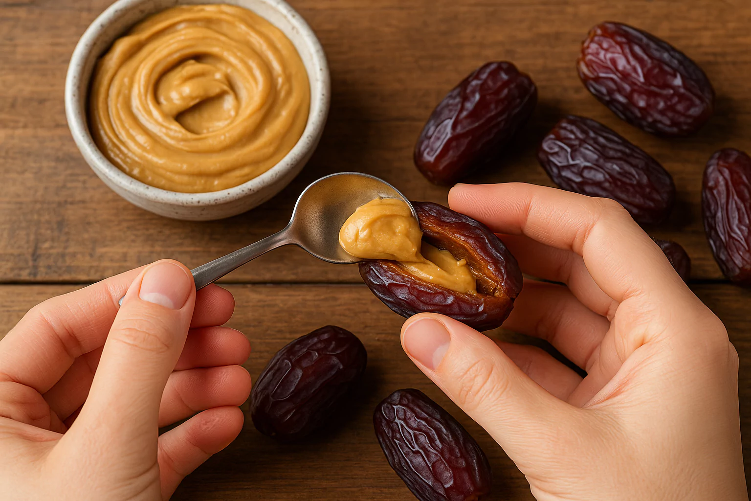 Filling the date with peanut butter