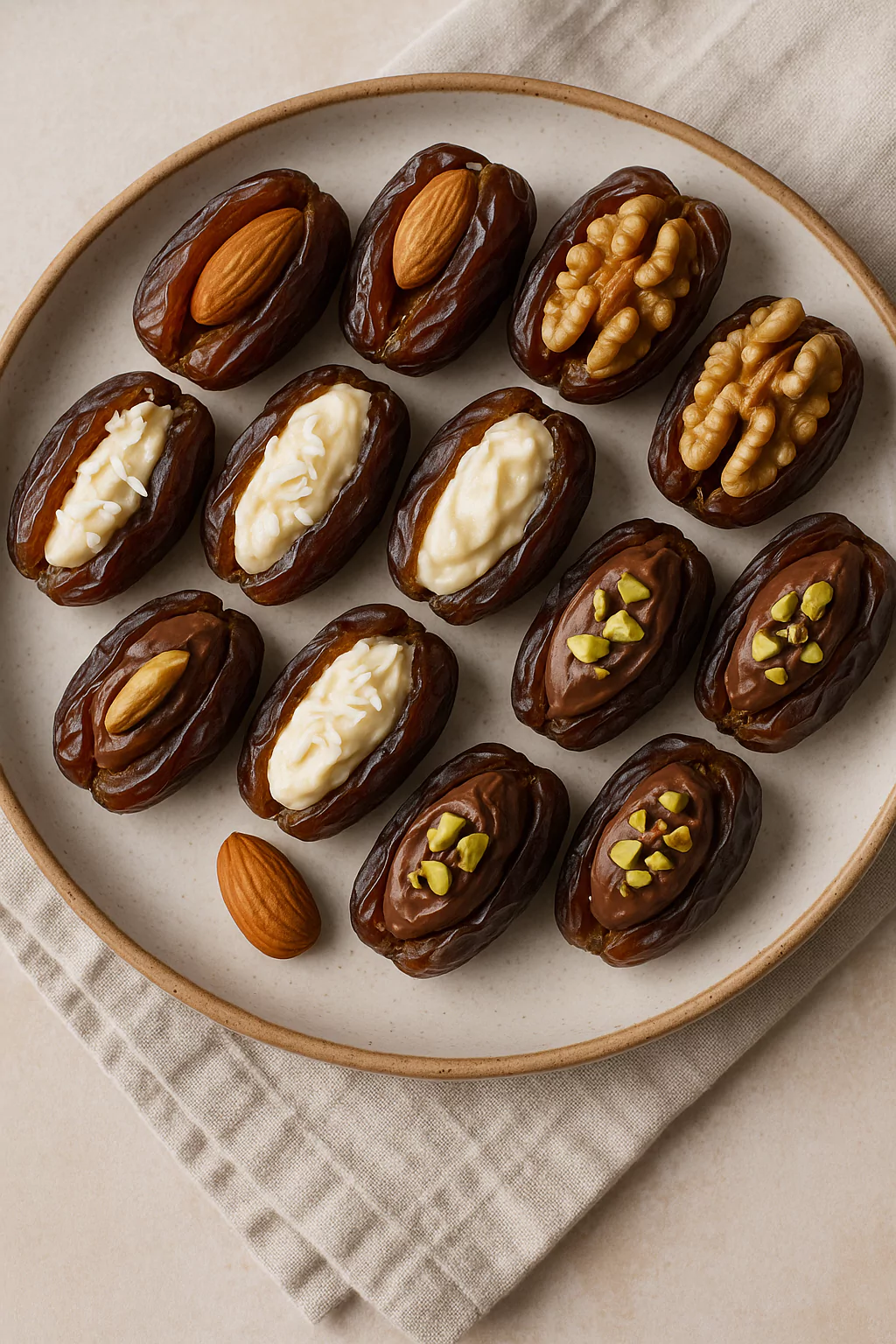 stuffed dates with different stuffing on a plate