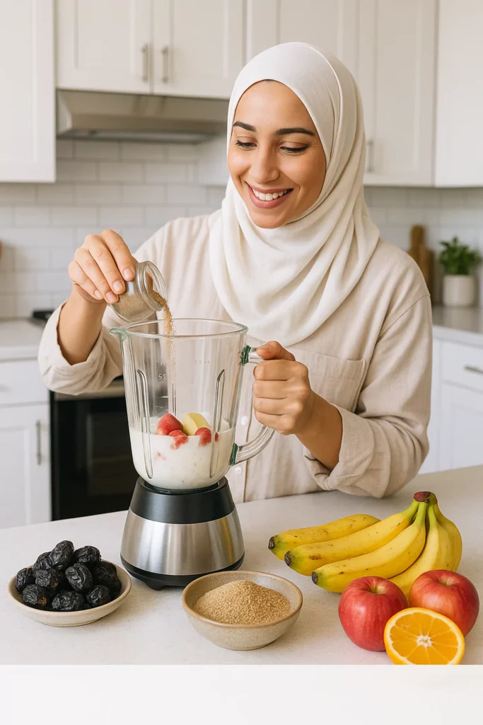 A girl is ready healthy smoothie with Ajwa seed powder