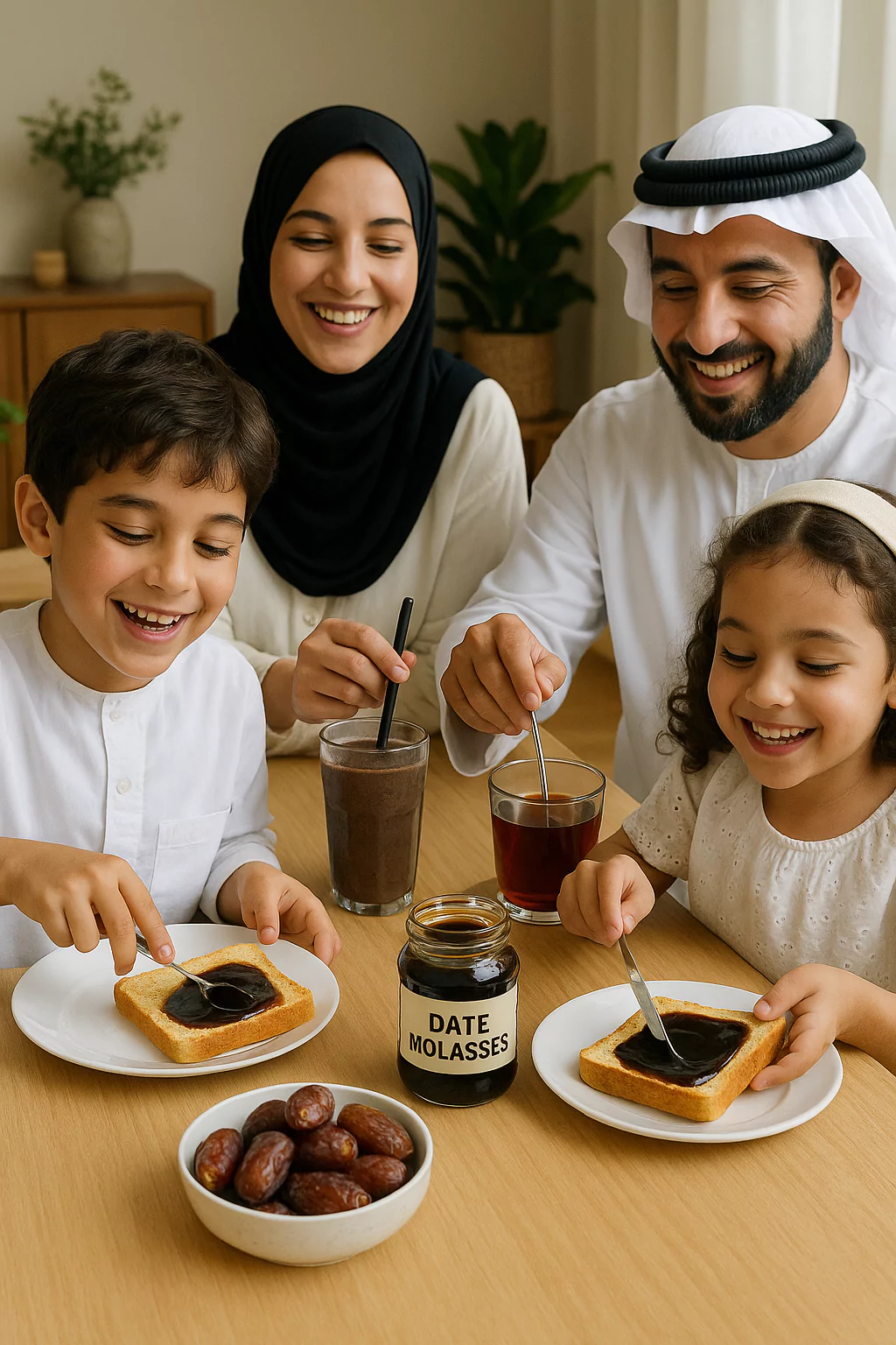 A family enjoying breakfast with date molasses