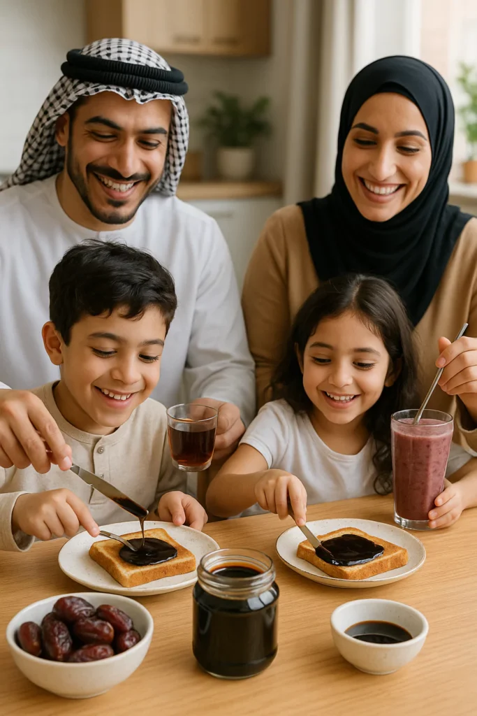 family eating breakfast with date molasses