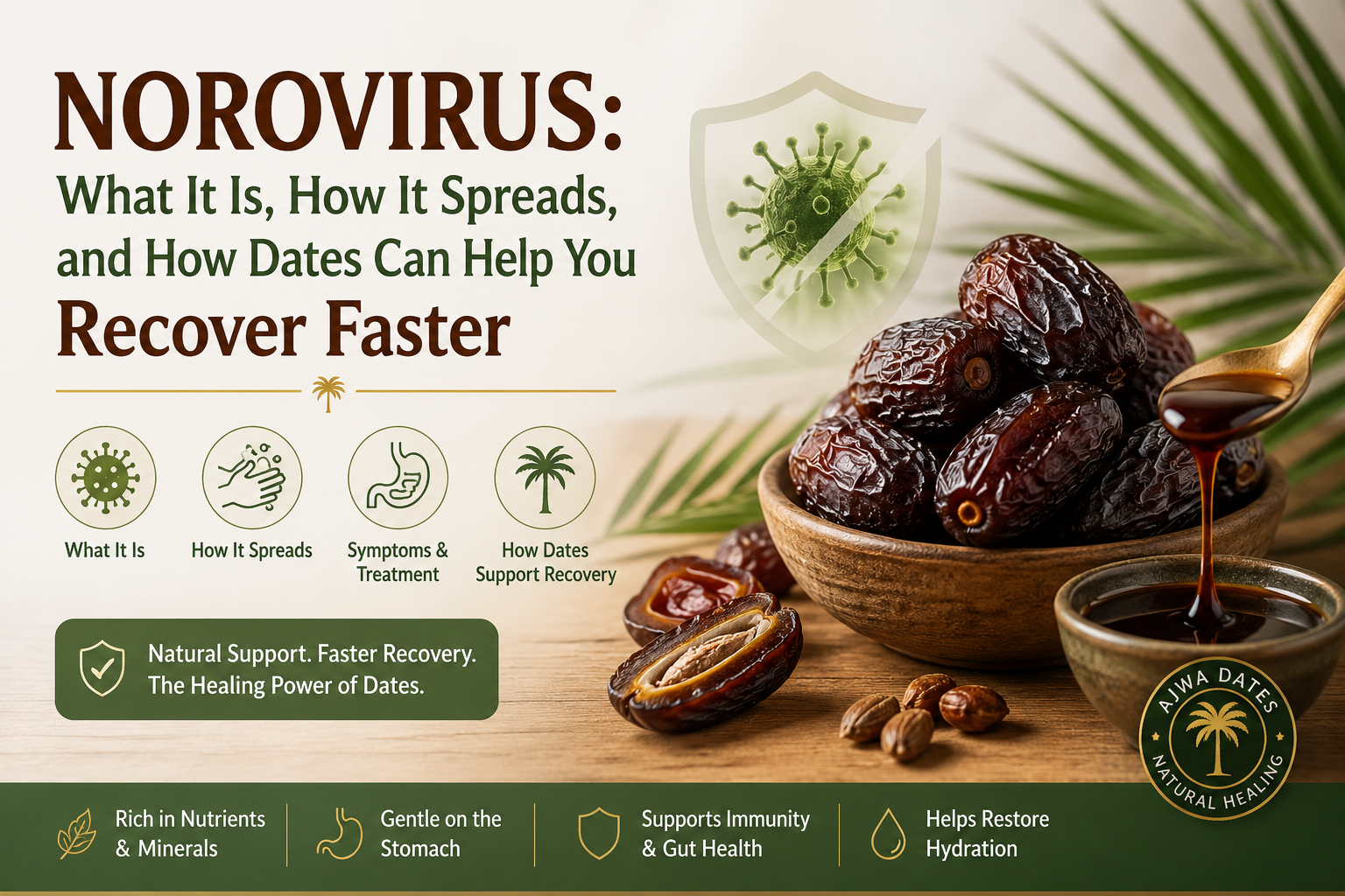 Norovirus symptoms and recovery foods including dates and date syrup